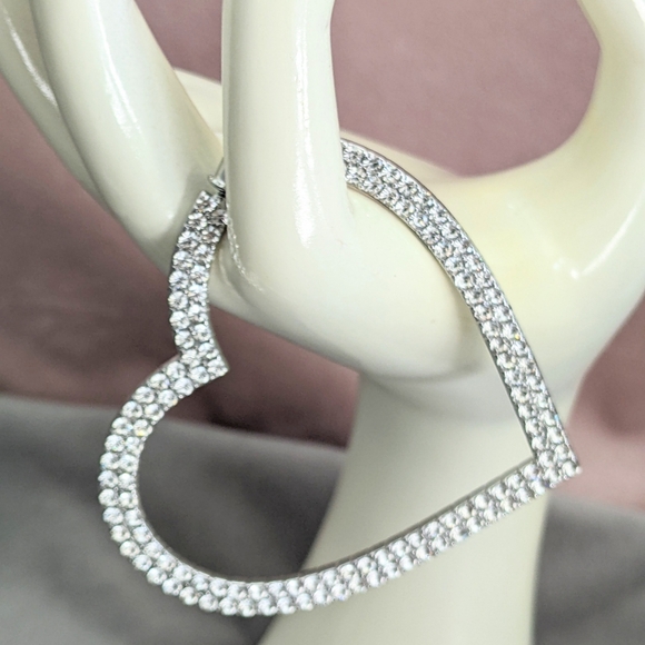 Earrings Hoop Earrings Big Hearts Shiny Crystal Rhinestone Silver Tone - Picture 7 of 12
